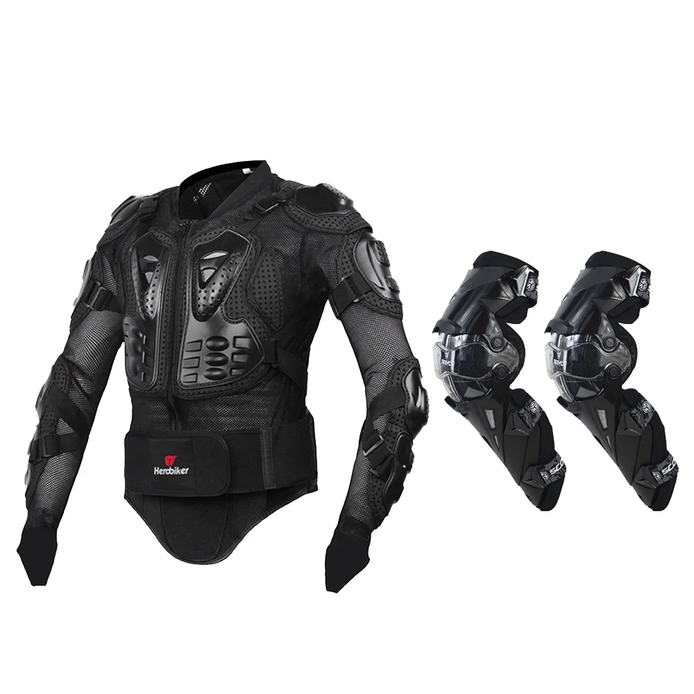 HEROBIKER Мотоциклетная Куртка бронежилет для езды на мотоцикле Защитное снаряжение для мотокросса куртка для гонок по бездорожью+ мотоциклетное колено - Цвет: Black Set
