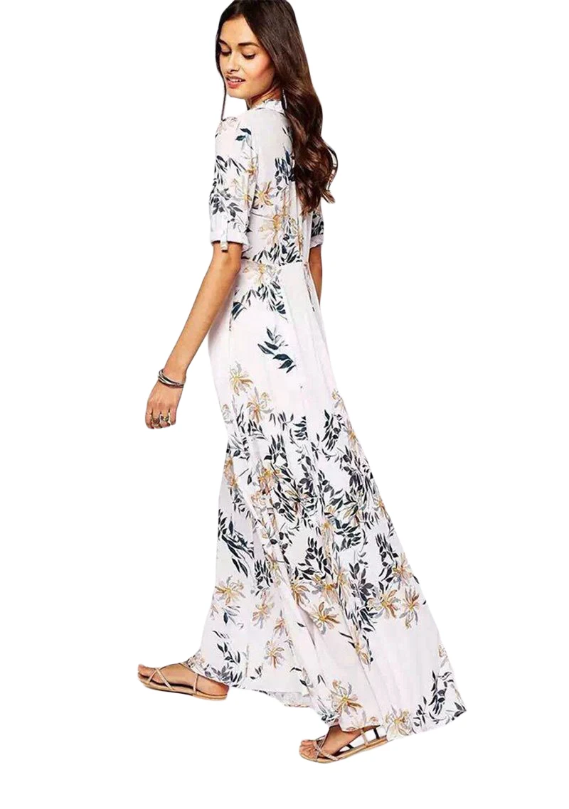 Горячие Продаж 2017 Мода Летние Каникулы Женская Dress Белый Цветочный Рубашка Долго