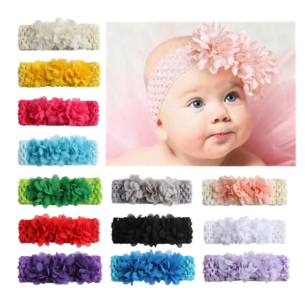

1pcs Baby Three chiffon Flower Headband Knitted Cotton Children Girls elastic hair bands girl turban Headbands bandeau bebe