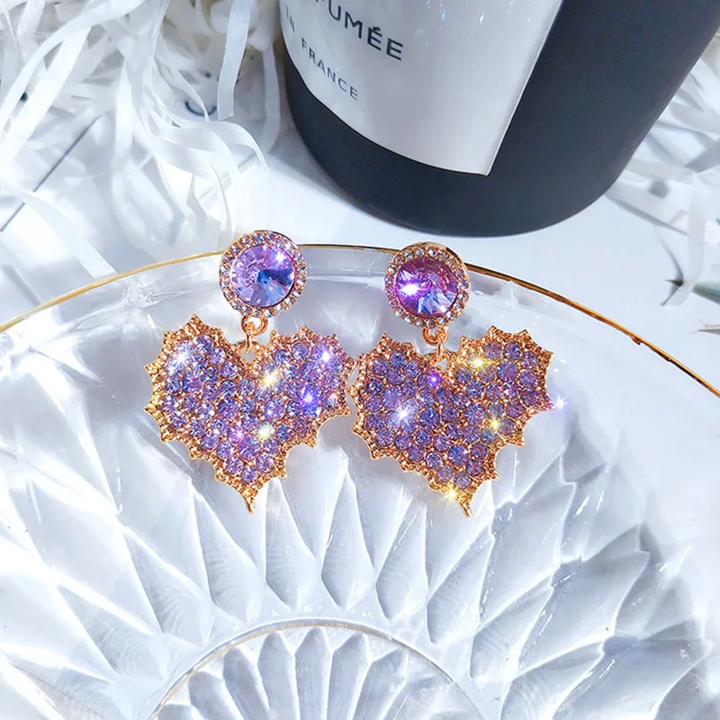 Fashion Purple Crystal Romantic Heart Luxury Earrings For Wedding Jewelry Drop Earring Shining Zircon Girls | Украшения и