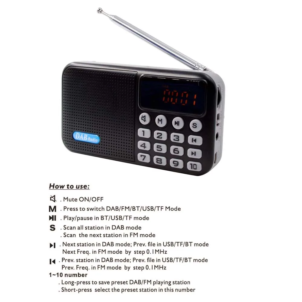 JINSERTA портативный цифровой FM радио DAB/DAB+ Reveiver Bluetooth MP3 плеер со светодиодный дисплей Поддержка TF карты U диск Play