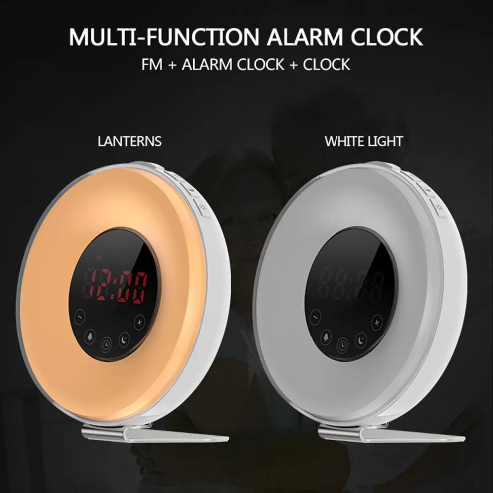 Светодиодный Digtial Восход моделирование Wake up Световой Будильник FM радио Повтор Smart