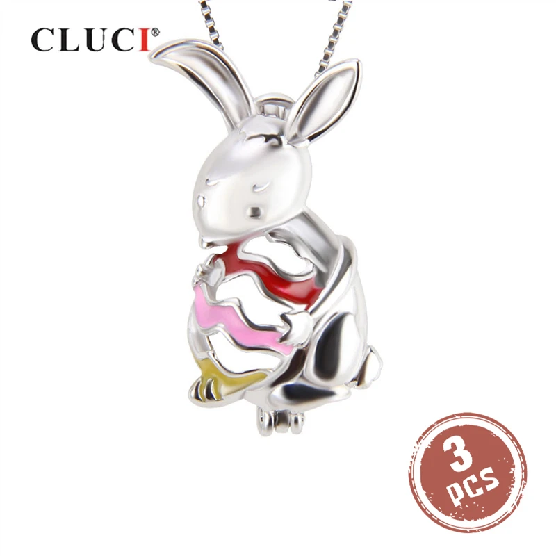CLUCI 3 шт 925 Серебряный кролик в форме животного Пасхальный жемчужный медальон