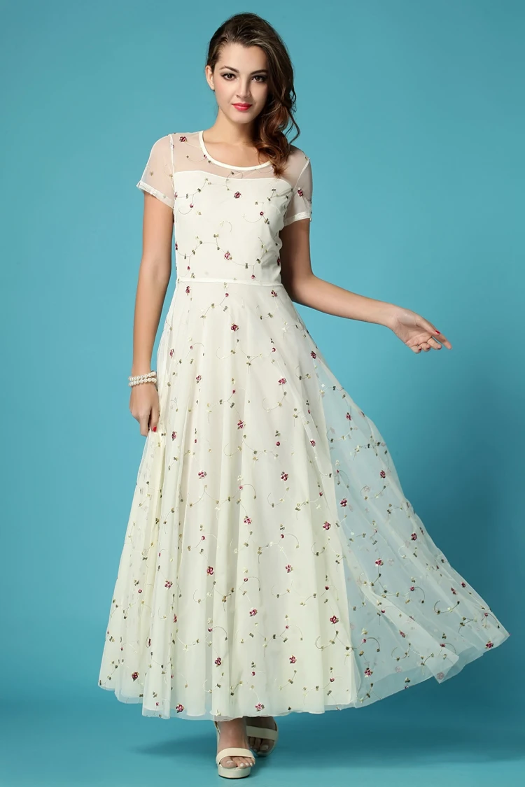 2014 summer new fashion women elegant mesh chiffon floral organza slim plus size maxi dress fast shipping | Женская одежда