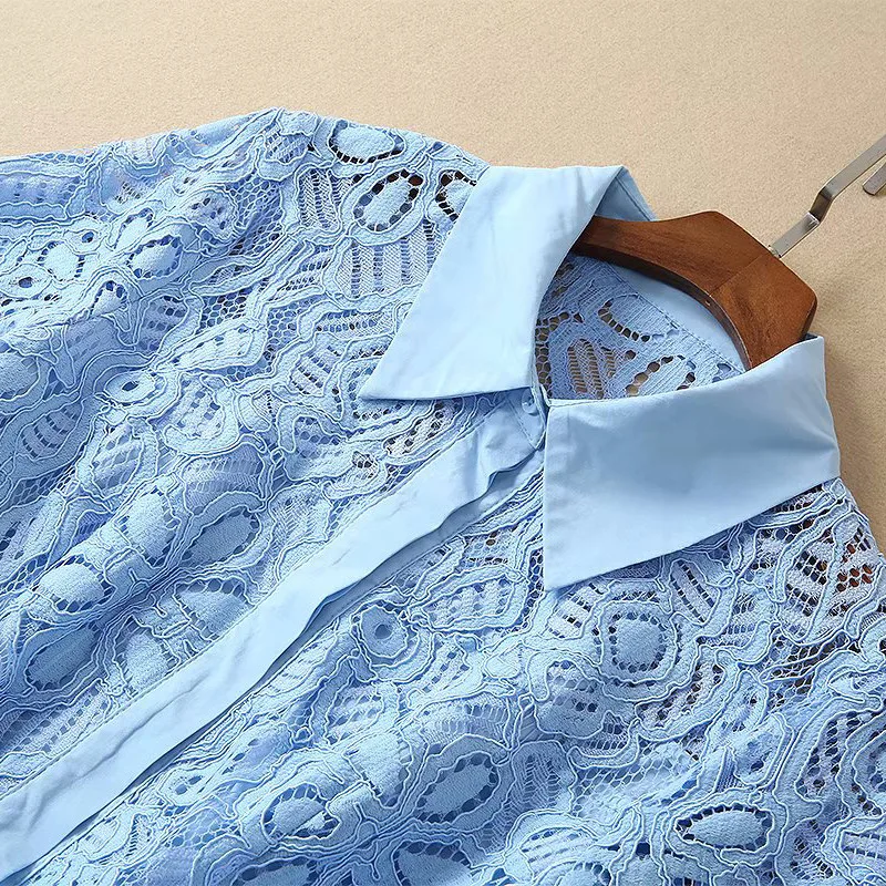 Women girls elegant blue glitter lace dress midi floral hollow out short sleeve summer shirt dresses