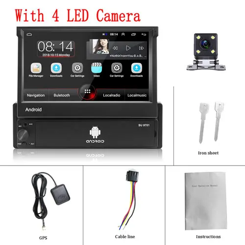 with 4 led camera Camecho Android 8,1 автомобильный мультимедийный плеер выдвижной gps Wifi Авторадио 1 Din 7 ''сенсорный экран MP5 Bluetooth стерео аудио радио - Цвет: with 4 led camera
