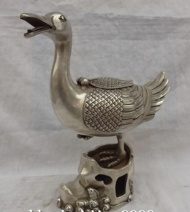 JP S0114 11" Chinese Silver Duck Head On Wealth Fish Statue Incense Burner Censer Holder |