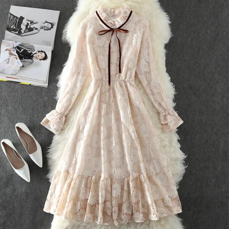 

Women Spring Lace Dress 2019 New Vintage Lotus Leaf Collar Elegant Party Midi Dresses Vestidos Long Sleeve Bottoming Dress