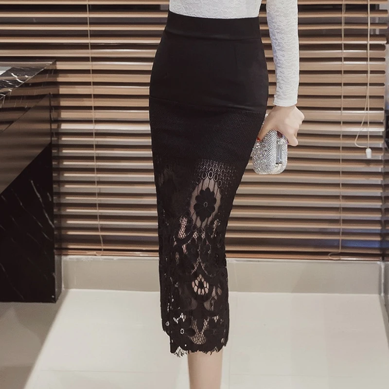 

TingYiLi Lace Long Pencil Skirt Elegant Ladies High Waist Office Skirt Black Sexy Slim Bodycon Skirts Womens