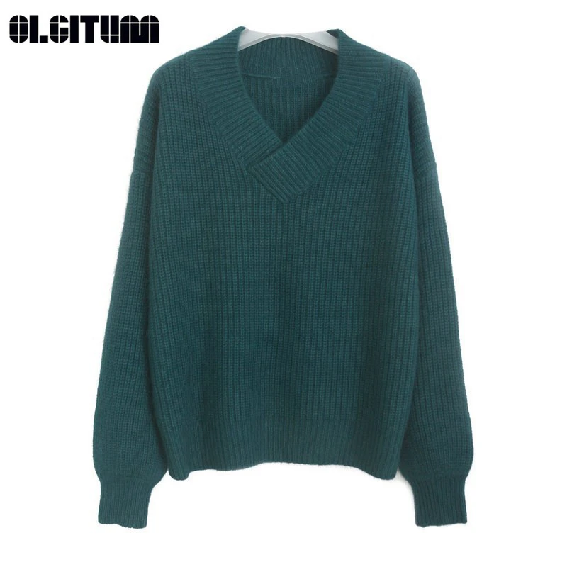 New 2020 Autumn Winter Casual Lantern Sleeves Cotton Sweater Women V-neck Pullovers Loose Knitted Bottoming One Size | Женская одежда