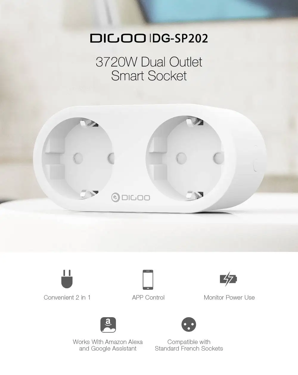 DIGOO DG-SP202, 3720 Вт, двойная штепсельная вилка европейского стандарта, умная розетка Wi-Fi, индивидуальное управление, этикетка, монитор энергии, дистанционное управление, синхронизация, умный дом