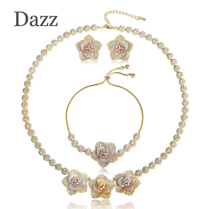 

Dazz 2019 трендовые Медные Ювелирные наборы с кубическими цирконами, три тона цветов, ожерелье, браслет, серьги, набор, свадебные аксессуары