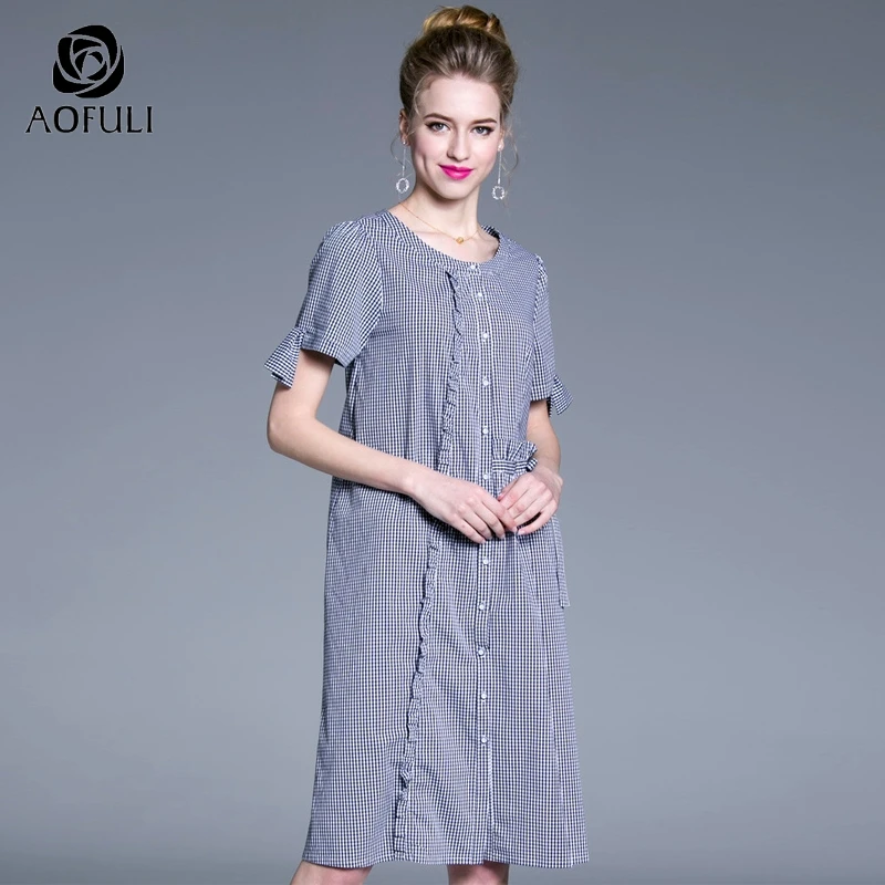 Платье-рубашка AOFULI L ~ 3XL 4XL клетчатое с принтом летнее коротким рукавом