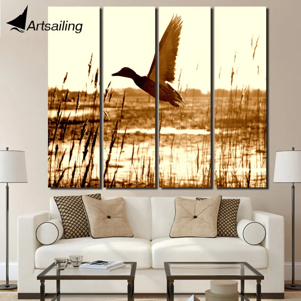 

4 piece Printed sunset bird grassland landscape vintage Canvas Painting home decor framed artwork posters Free shipping/up-1311D