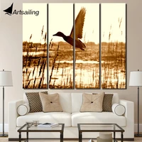 4 piece printed sunset bird grassland landscape vintage canvas painting home decor framed artwork posters free shippingup 1311d