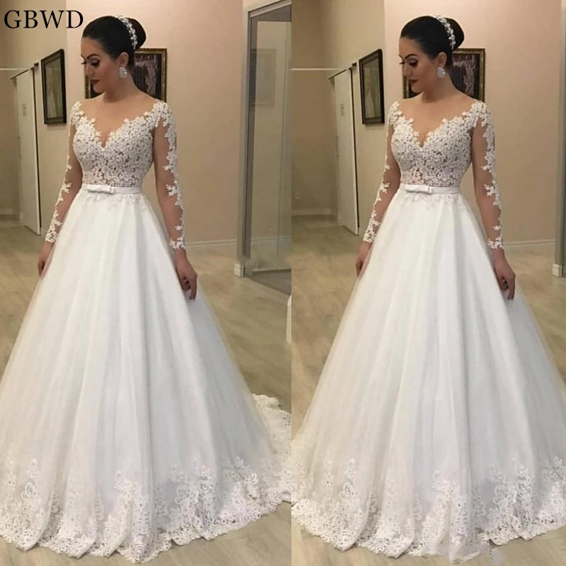 2019 белая одежда с длинным рукавом арабский свадебные платья аппликацией