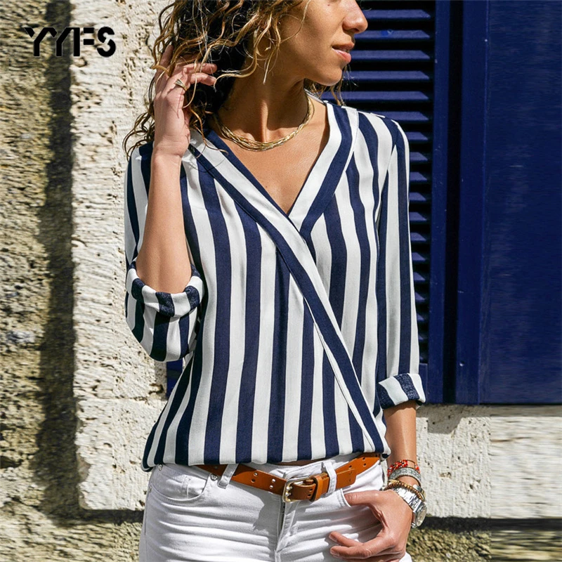 YYFS 2019 Chiffon Blouse Women Summer Elegant Striped V-Neck Blouse Shirt Loose Casual Tops Blusas Camisas Mujer Plus Size S-3XL
