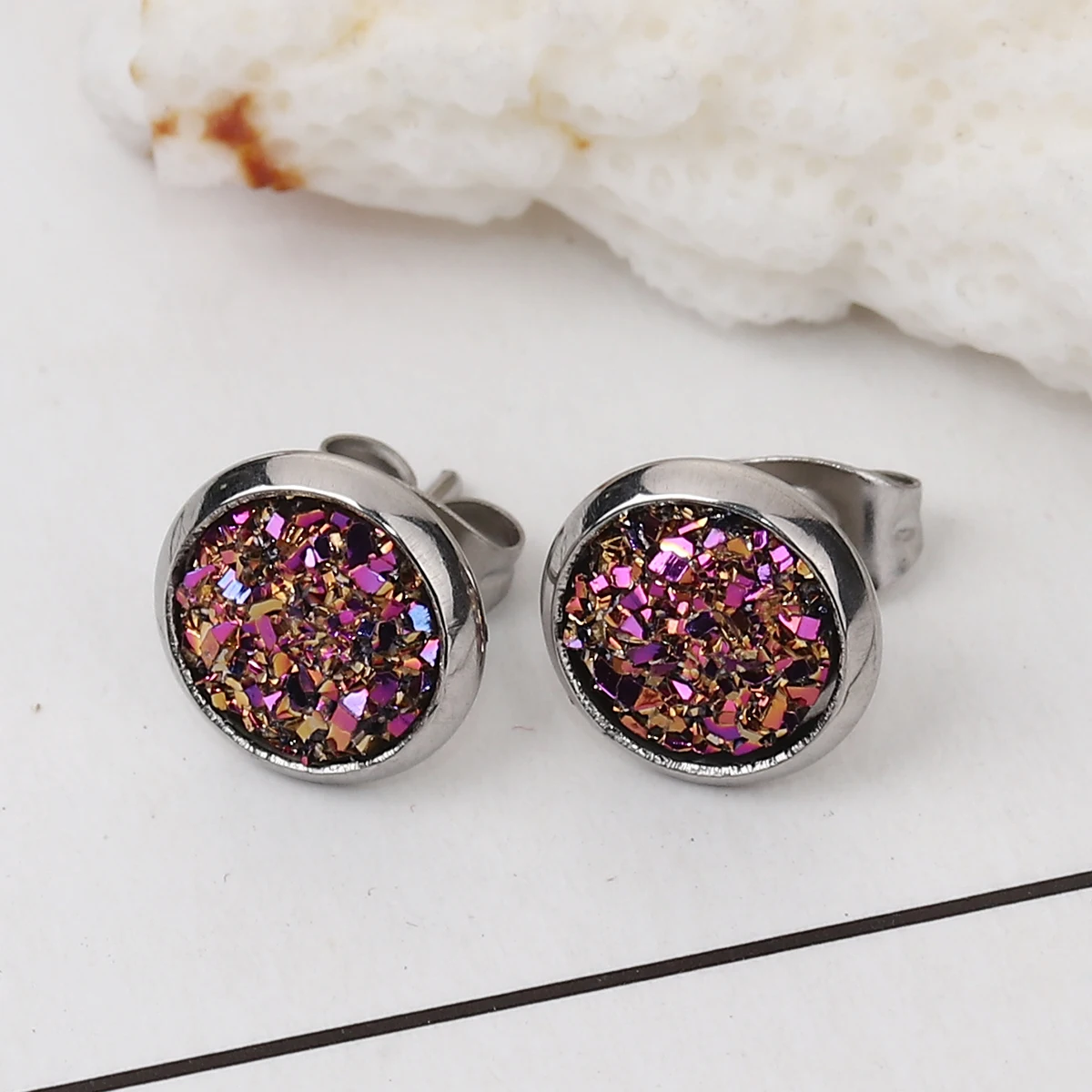 Нержавеющая сталь Druzy/Drusy серьги гвоздики серебряный цвет фуксия круглый AB Цвет 10