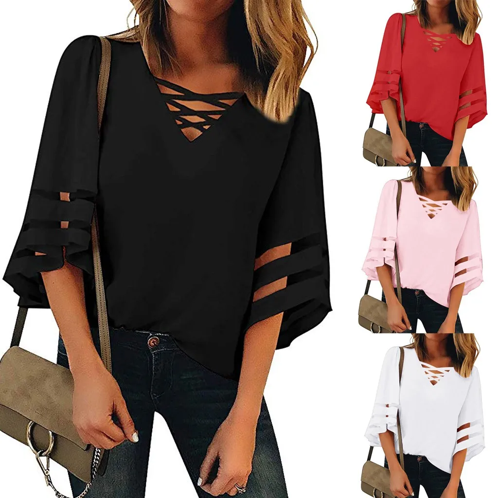 Женская блузка с v образным вырезом Повседневная Свободная футболка Топ рукавами
