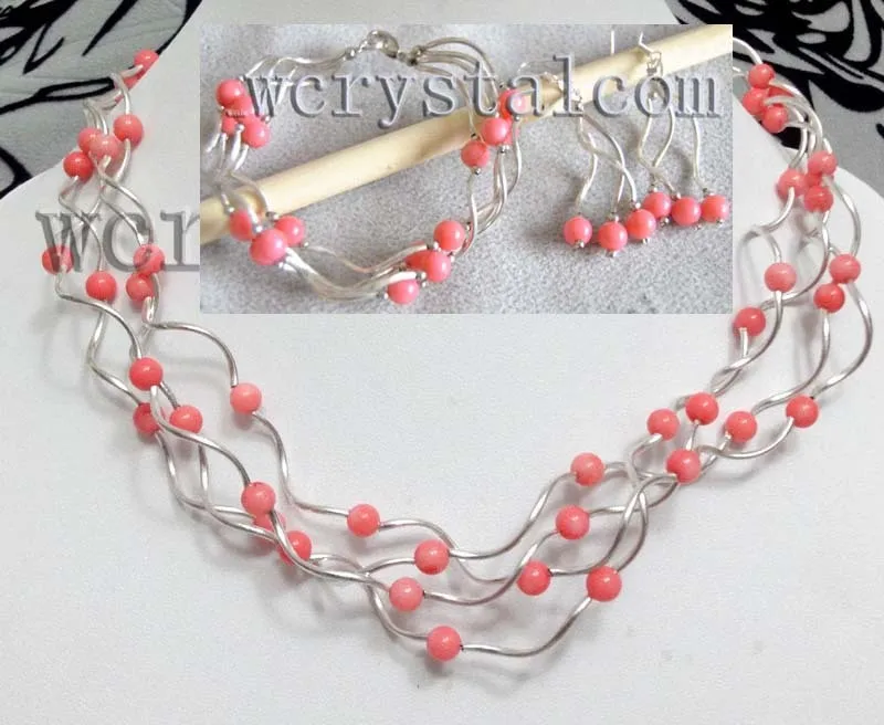 

Pink Coral 6mm Silver Plated Pipe Necklace Bracelet Set Earrings
