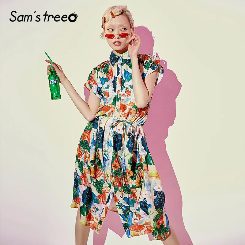 Samstree, женские платья с цветочным принтом, модные, с квадратным воротником, на шнуровке, женские платья до середины икры,, летние, повседневные, праздничные платья
