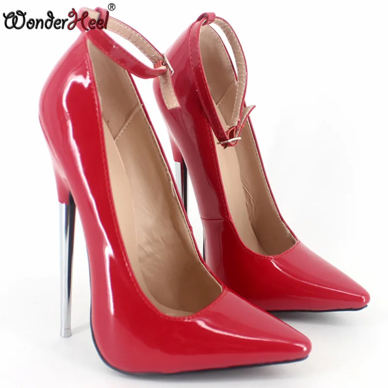 Wonderheel/Высокий каблук 18 см металлическом каблуке из лакированной кожи " каблук пикантные туфли для фетиша с ремешками на лодыжках с острым носком пикантные женские туфли-лодочки