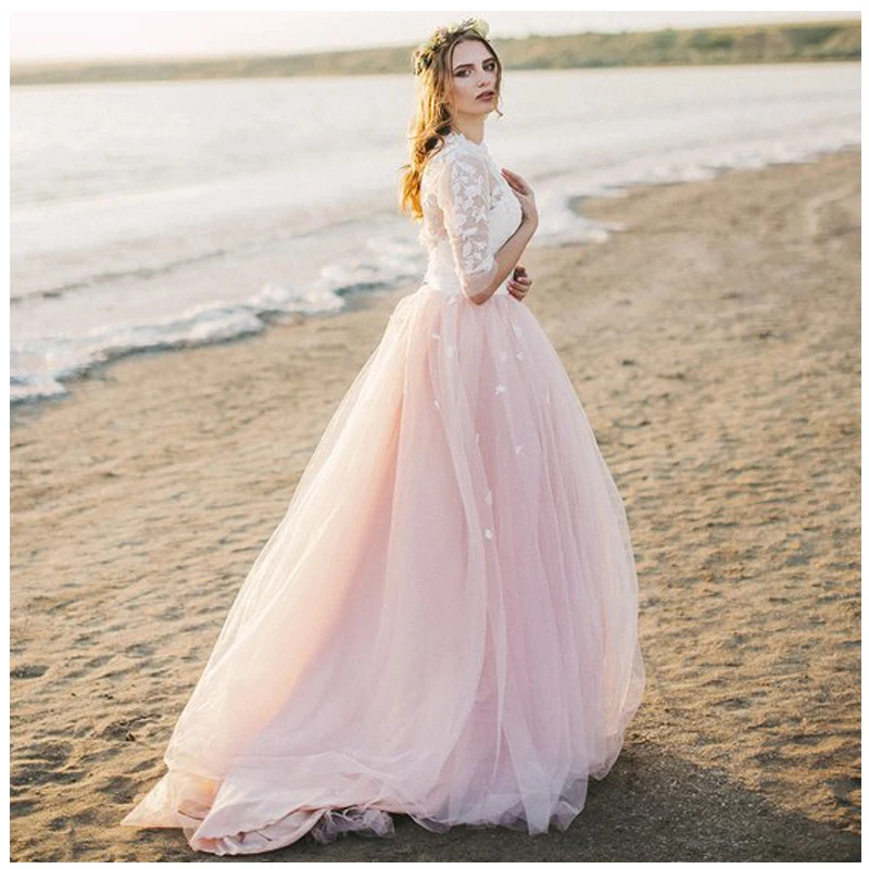 

smileven 2 Pieces Beach Wedding Dress Appliques Pink Bottom Vestidos de novia 2019 Bridal Dress Long Sleeves Wedding Gowns