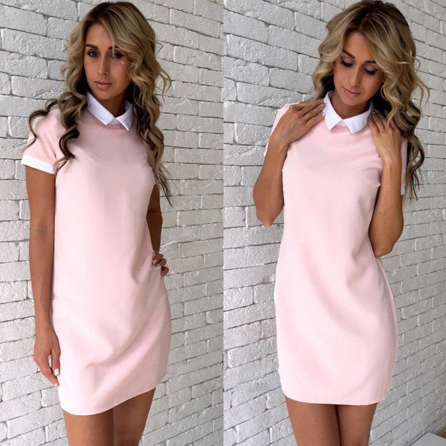 Women New 2018 white collar Stitching Pink gray Straight dress Autumn Fashion Short sleeve Slim fit Bottoming Mini dresses | Женская