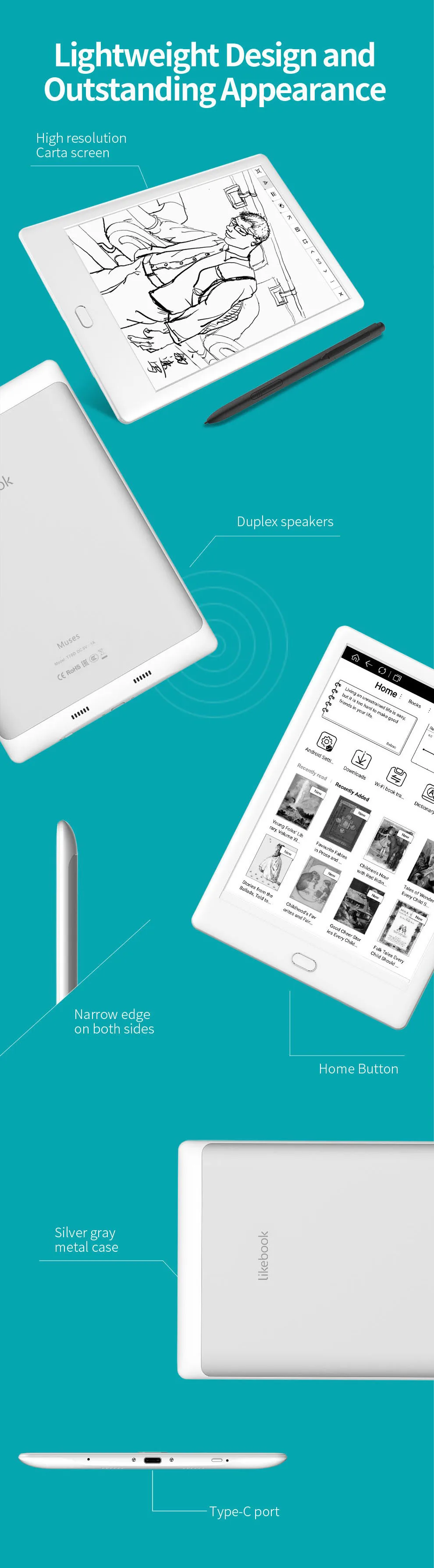Likebook Muses E-Reader с 7,8 ''300ppi E-Ink сенсорным экраном 8 ядер 1,5 ГГц, встроенный звуковой 2G/3 2G B Android 6,0 Подарочный карандаш