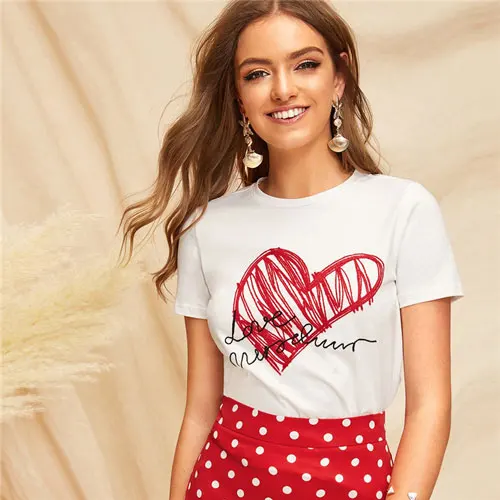 SHEIN женская простая футболка с круглым вырезом и графическим принтом Летняя Повседневная Минималистичная женская футболка с коротким рукавом и надписью Топы - Цвет: Белый