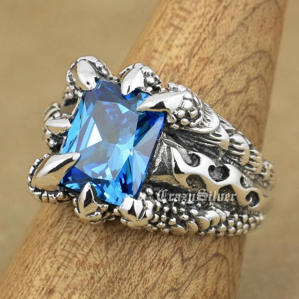 Кольцо мужское с голубым кубическим цирконием когтями дракона 8T102 размер США от 7