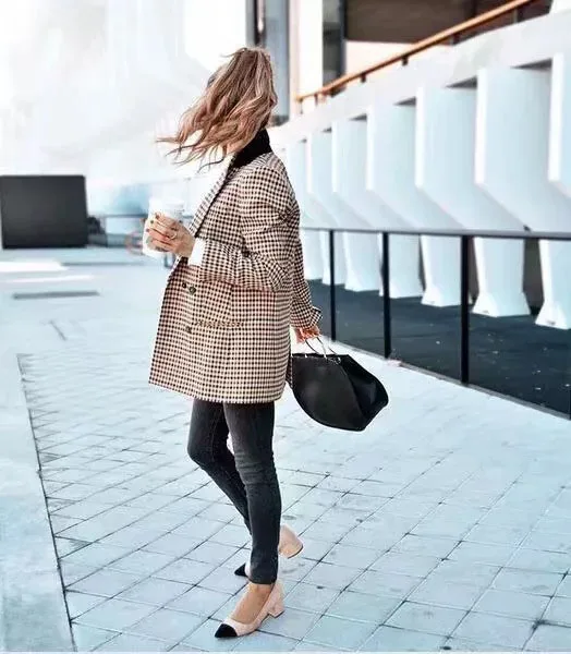 

Women Plaid Blazer Long Sleeve Double Breasted Slim Checked Coat Office Lady Formal Jacket Blazer Office Suit Lady Outerwear