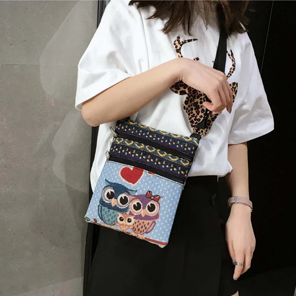 Summer Women Messenger Bags Zips Bag Lady Canvas Cartoon Owl Printed Crossbody Shoulder Bags Small Female Wallet Bag 19*25cm