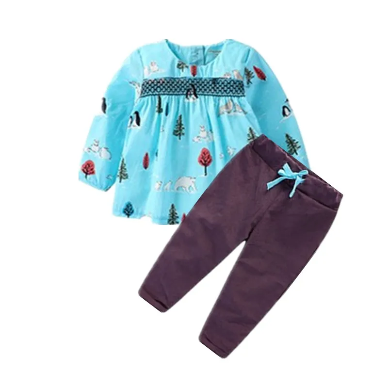Sky Blue Little Maven/Новинка; сезон весна-осень; Детские хлопковые вельветовые штаны с круглым вырезом с изображением белого медведя; повседневные комплекты с блузкой с длинными рукавами для девочек - Цвет: Sky Blue