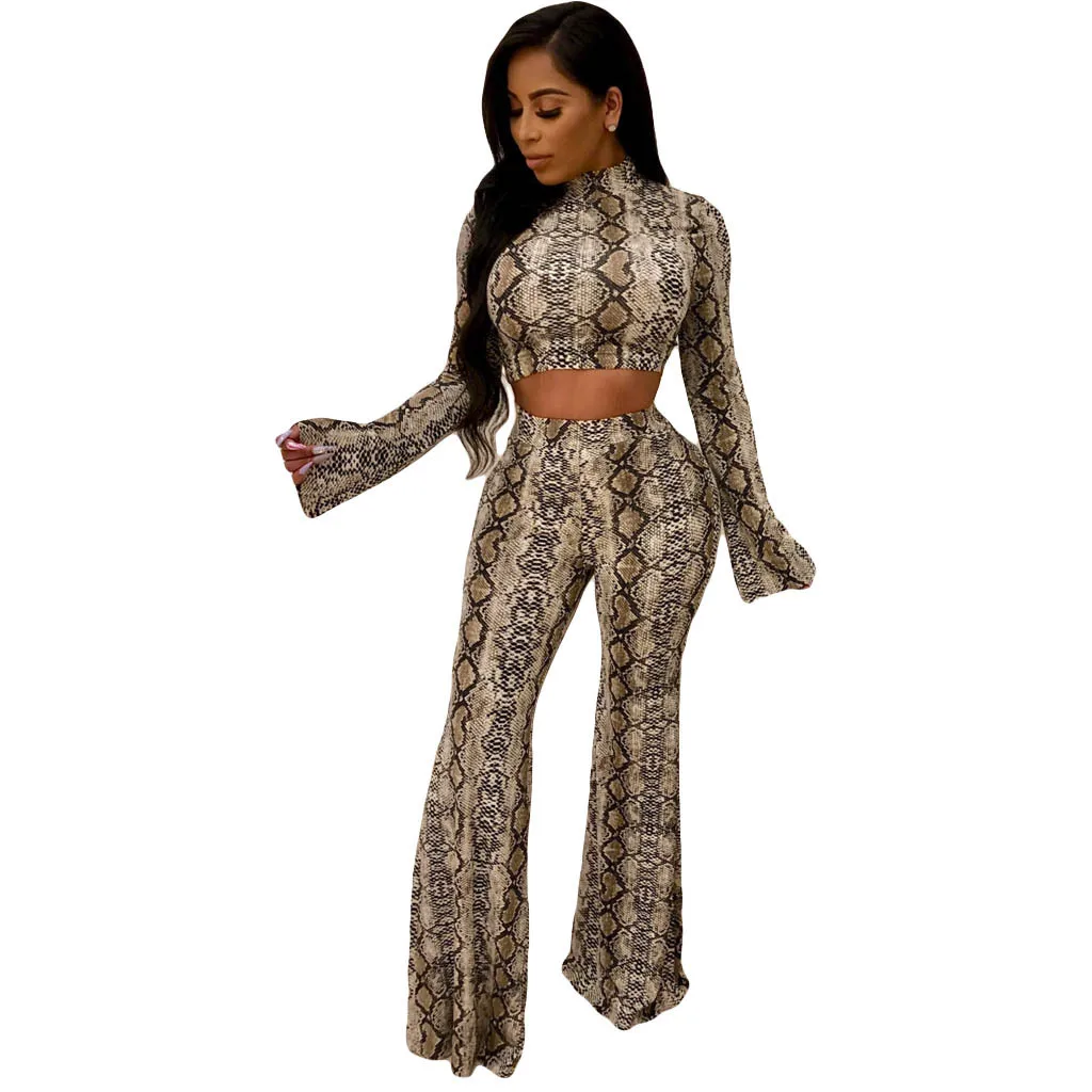 Women Snake Skin Two Pieces Set Long Flare Sleeve Sexy Turtleneck Crop Top and Elastic High Waist Wide Leg Pants Tanksuits Party |