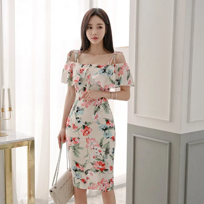 Новое летнее платье с цветочным принтом женское лямкой на шее ремень плечом