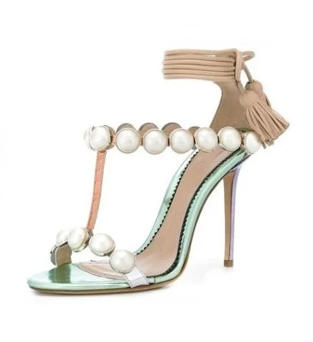 

Pearl Beads Fringe Tassel Sandals Roman Summer Pearl Ankle Strap High Heels Female T Strap Open Toe Ladies Shoes Gladiator Pumps