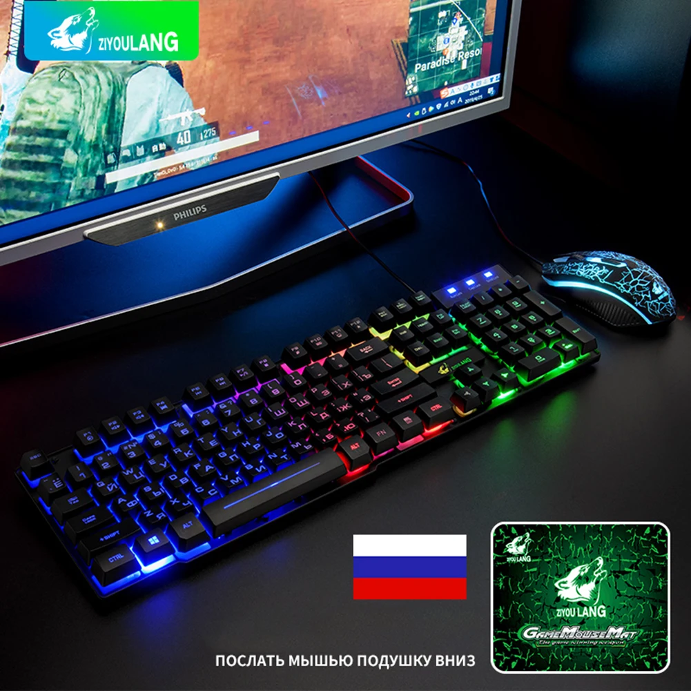 T5 английская+ русская игровая клавиатура и мышь комбинированная подсветка Водонепроницаемая светящаяся USB Проводная Механическая геймерская клавиатура+ коврик для мыши