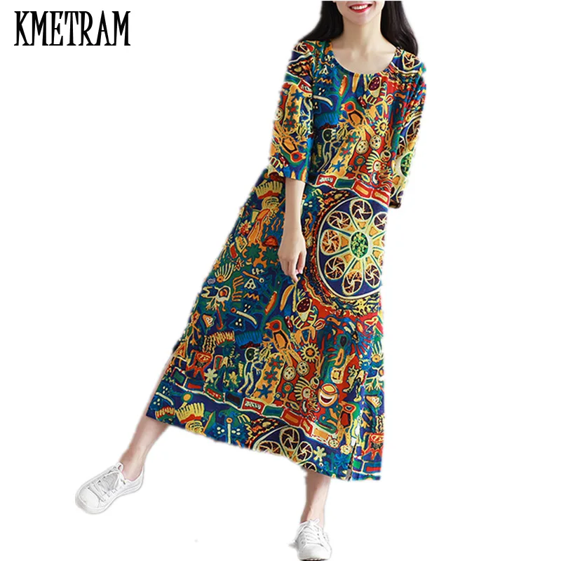 Платье женское длинное с цветочным принтом из хлопка батальных размеров YJZ012|vestidos