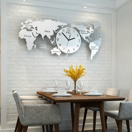 Серебристый Современные дизайнерские часы для гостиной Большая карта мира настенные часы фон 3D акриловые наклейки настенные часы - Цвет: Серебристый