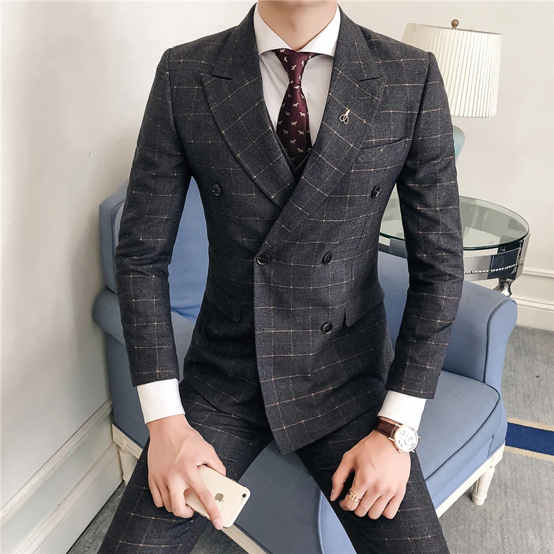 

high quality Mens Plaid 3 Piece Set Blue black gray size S-3XL Business Casual Men Suit Jacket with Pants and Vest