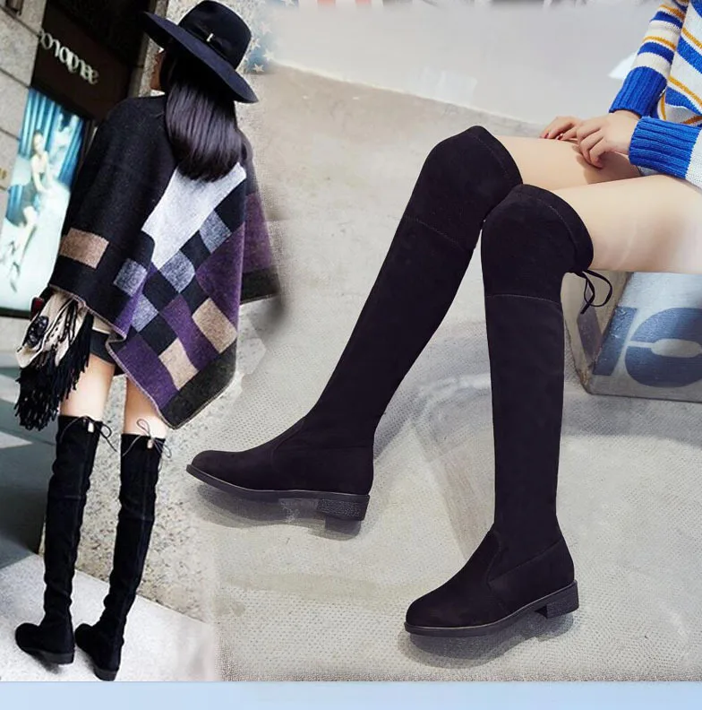 Med Slip-On Fashion Women Over-the-Knee Boots Flock Round Toe Sewing Long Thigh Solid Platform Square Heel Winter Shoes | Обувь