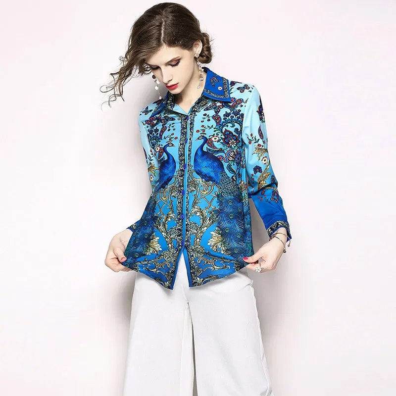 Женская блузка с длинным рукавом Willstage синяя рубашка цветочным принтом и