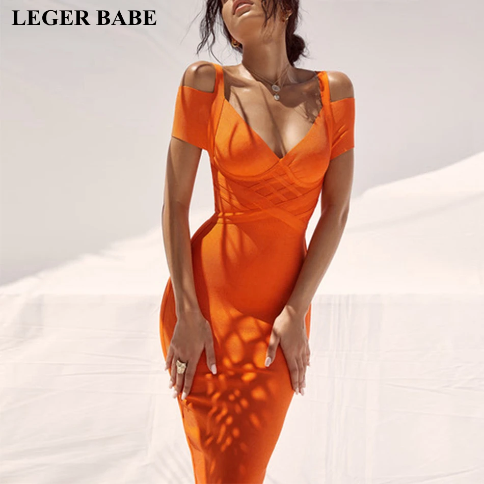 Женское платье с открытыми плечами LEGER BABE оранжевое облегающее v образным вырезом