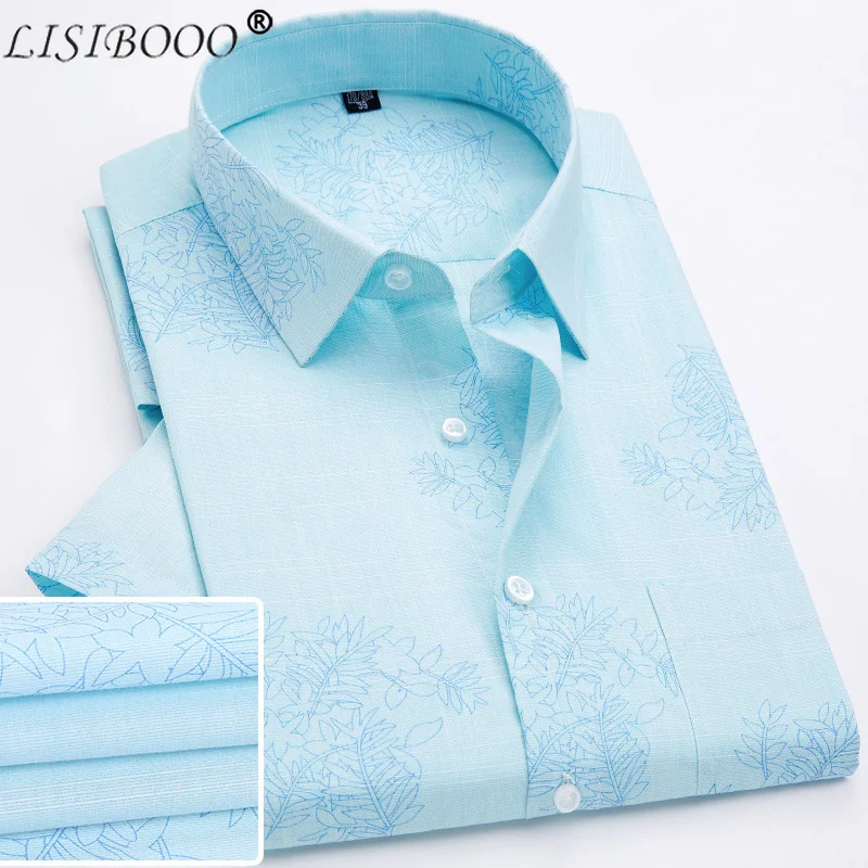 

Mens Cotton Plaid Shirt Short-sleeved Casual Shirts Bamboo Cotton Striped Top Shirt Short-sleeved Printed Men Dress Shirt