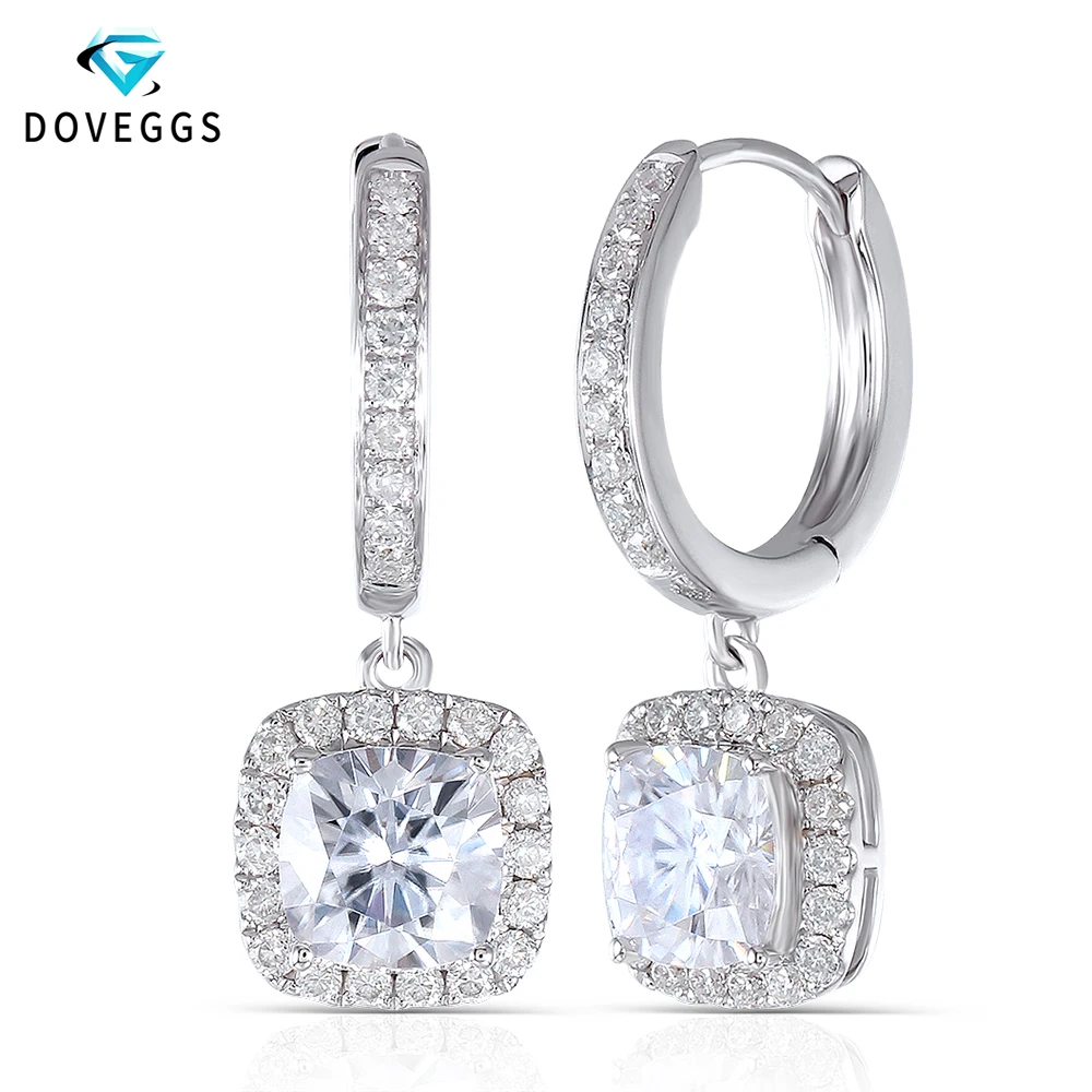 Женские серьги подвески с муассанитом DovEggs из белого золота 14 к 585 6*6