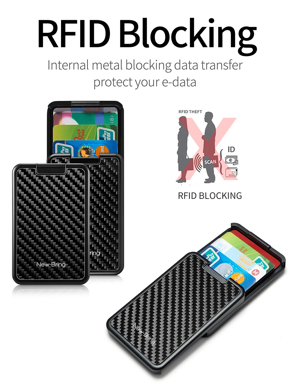 NewBring держатель для карт RFID Блокировка раздвижные бумажник пластик карты деньги Чехол кошелек углерода волокно для муж