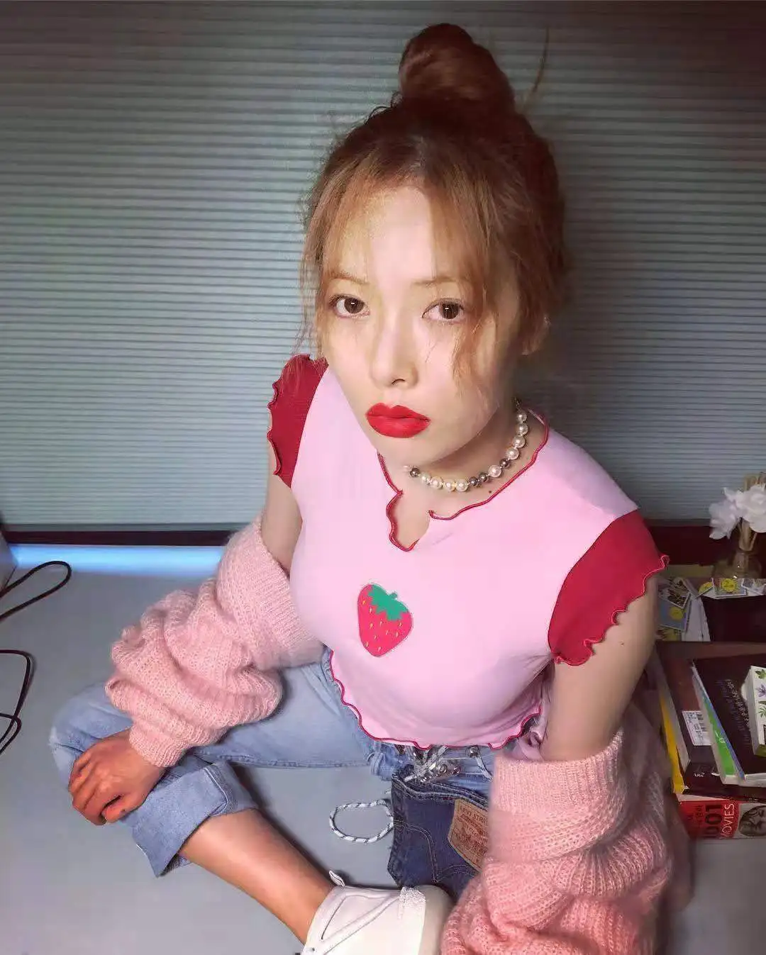 Kim Hyun A Kpop/Корейская мода хлопковая короткая розовая футболка с рисунком клубники