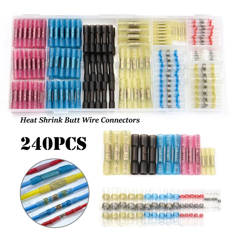 

240 PCS Waterproof Heat Shrink Seal Butt Wire Connector Insulated Crimp Terminals Soldered Sleeve Splice Terminal Connectors Kit