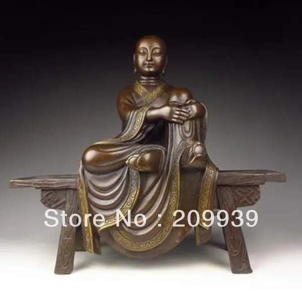

bir 001388 Chinese Bronze Statue - Tang Xuanzang on Stool